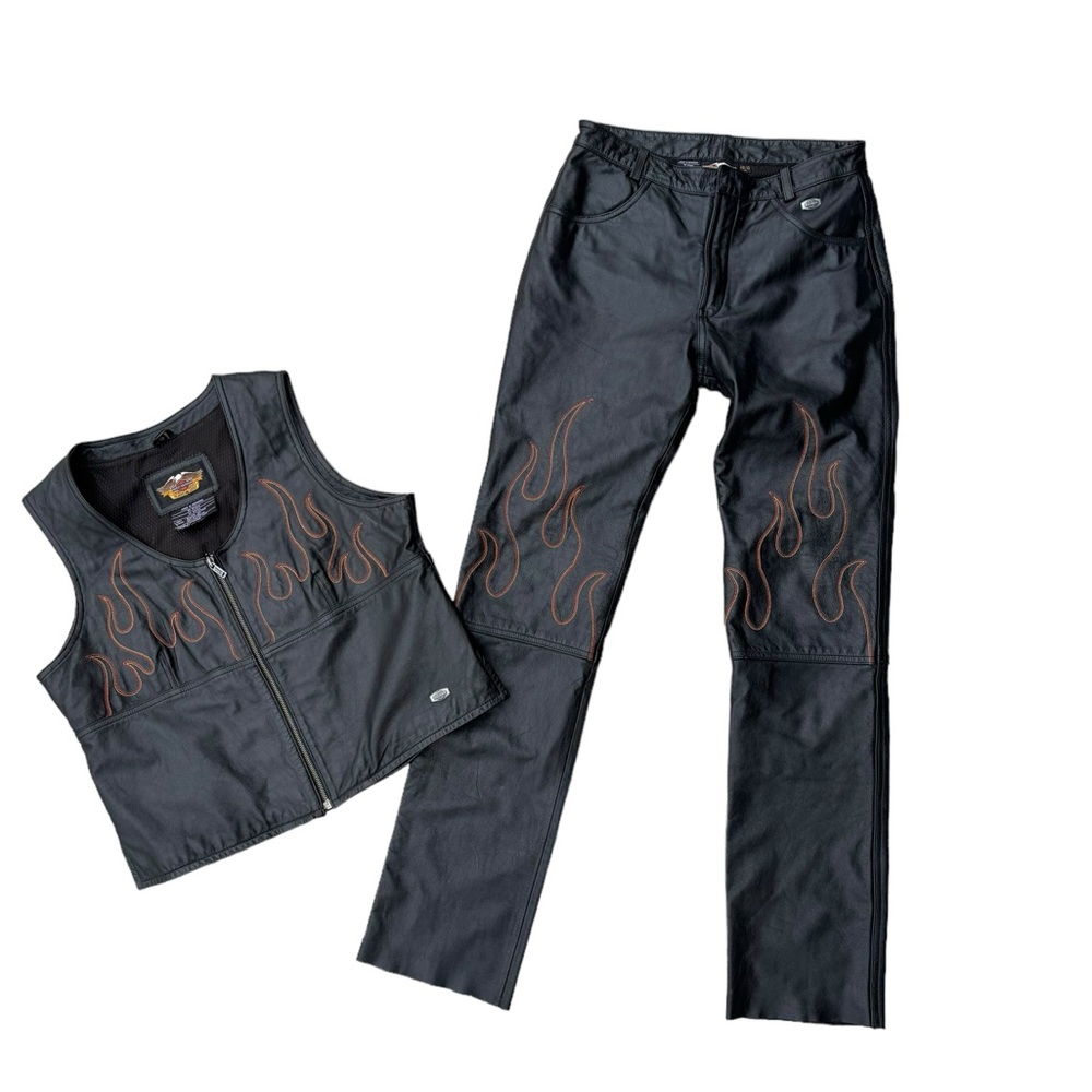 Harley Davidson Flame Embroidery Leather Vest & Pants 38x10